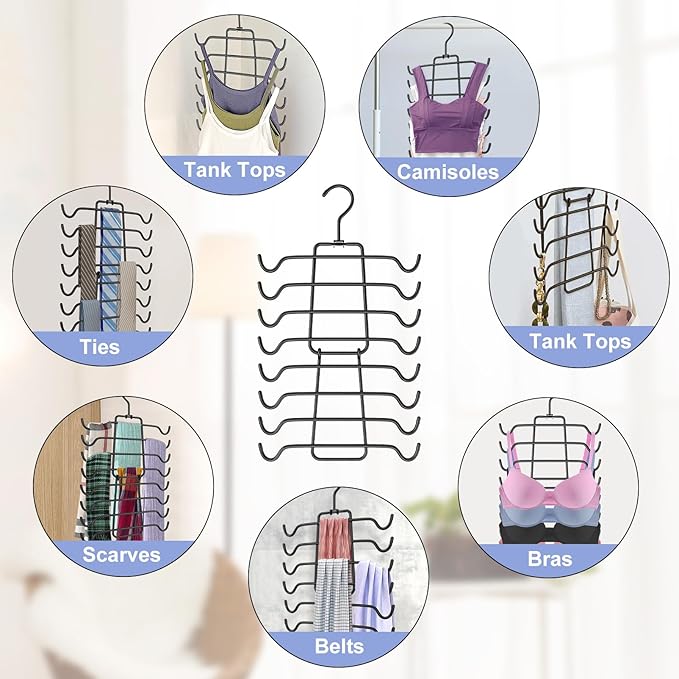 4Pcs Tank Top Hangers Space Saving Hanger Organizer Bra Hangers for Closet Organizer 360° Rotating Metal Closet Organizers and Storage Lingerie Hangers for Cami Bras Belts Swimsuits Lingeries Black