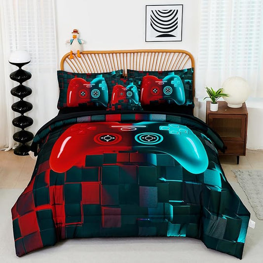 PERFEMET 6 Pcs Gaming Comforter Sets for Teen Boys Red and Teal Game Kids Bed in A Bag with Sheet Set 3D Cool Soft Lightweight Video Game Bed Set(Red Teal, Queen)