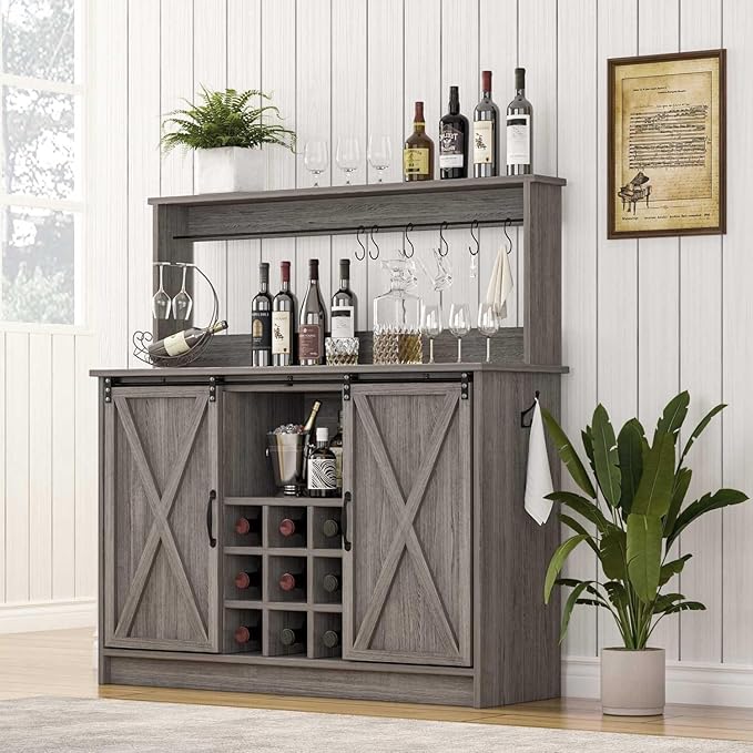 Farmhouse Coffee Bar Cabinet with 9 Wine Racks and 6 Hooks, 47 Inch Wine Bar with Storage, Buffet Cabinet Adjustable Shelves, Kitchen Buffet Cabinet for Dining Living Room, Grey Living Room, Grey