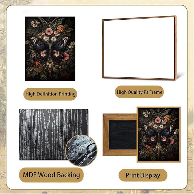 Djmwtb Vintage Framed Wall Art Butterfly Canvas Wall Art Prints Gothic Botanical Floral Pictures Dark Academia Flower Painting Wall Decor Artwork for Living Room Bedroom Bathroom Office 8x10in