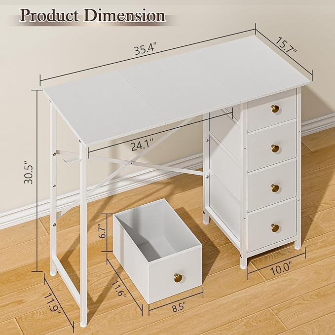 Vanity Desk No Mirror, Small Makeup Vanity with 4 Fabric Drawers, White Dressing Table for Small Spaces, 35.4 Inches Girls Makeup Table Bedroom