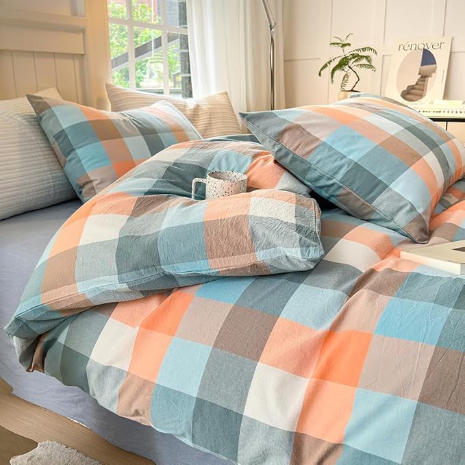 FACE TWO FACE Bedding Duvet Cover Set100% Washed Cotton Duvet Cover Linen Like Textured Breathable Durable Soft Comfy (King, Yunxi Powder)