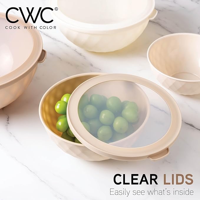 COOK WITH COLOR Mixing Bowls with Lids - 12 Piece Plastic Nesting Bowls Set includes 6 Prep Bowls and 6 Lids, Diamond Design - Microwave Safe