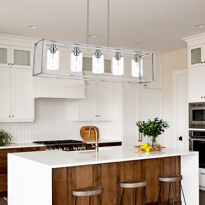 VINLUZ 5 Light Industrial Modern Dining Room Chandelier in Brushed Nickel Finish with Clear Glass Shade Classic Pendant Island Lighting Fixture for Living Room Bedroom