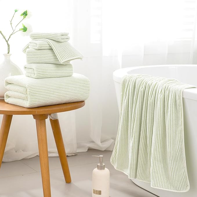 8-Piece Premium Towel Set for Bathroom|2 Oversized Large Bath Sheet,2 Hand Towels,4 Washcloths|Soft Cozy Highly Absorbent Fast Dry Microfiber Shower Towel Set for Hotel Bathroom Essentials,Green White