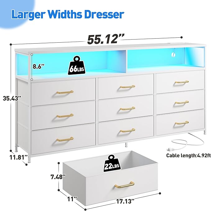 55” W White Dresser for Bedroom with Charging Station & LED, 65" TV Stand for Bedroom with 9 Fabric Drawers, Sturdy Chest of Drawers with Open Storage Shelves for Closet, 55.12" Wx11.81 Dx35.43 H