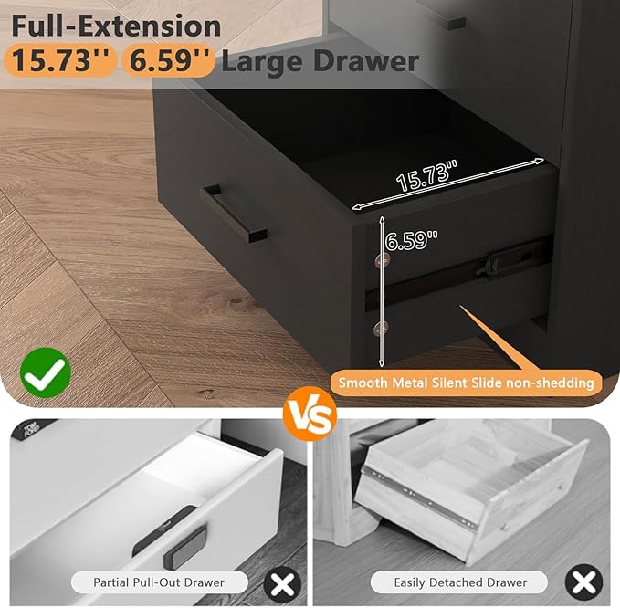 Night Stand with Charger Station, Modern Nightstand with USB Type-C Ports and AC Outlets, Large Bedside Table with 2 Drawers and Open Storage, Wooden End Table for Bedroom (Black, 2 Drawers)