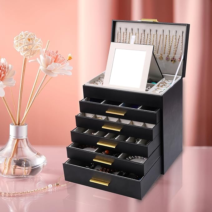 BOOVO Jewelry Box with Necklace Hanger – Jewelry Organizer for Women with 5 Drawers, Large Jewelry Storage Boxes –Jewelry Organizers and Storage for Earrings, Necklaces (Black, 6 layer)