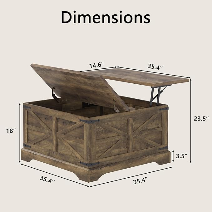 Furnideco 35.5''W Square Coffee Table Farmhouse Lift top Coffee Table with Large Hidden Storage, Wood Center Table for Living Room, Home Office, Brown