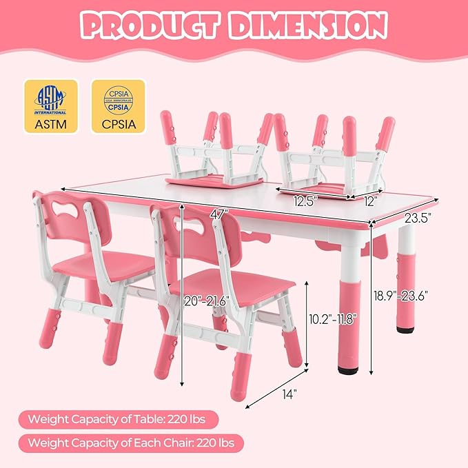 HONEY JOY Kids Table and Chair Set, Height Adjustable Children Activity Table and 4 Chairs Set w/Erasable Graffiti Desktop, Toddler Table and Chair Set for Daycare, Classroom, Home (Pink)