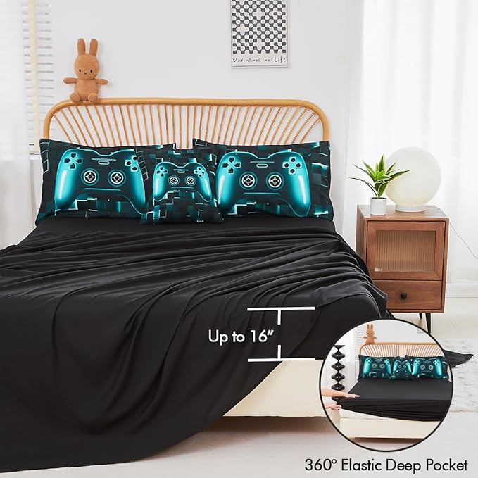 PERFEMET 6-Piece Boys Gamer Comforter Set Queen Size Teal Blue Video Game Controller Bedding Set with Sheets Lightweight 3D Black Gaming Pattern Bed in a Bag for Kids Teen(Teal, Queen)