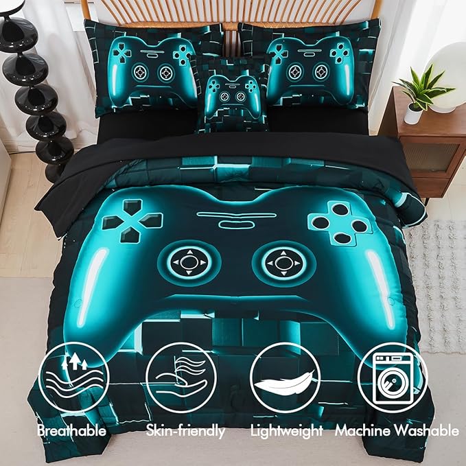 PERFEMET 6-Piece Boys Gamer Comforter Set Queen Size Teal Blue Video Game Controller Bedding Set with Sheets Lightweight 3D Black Gaming Pattern Bed in a Bag for Kids Teen(Teal, Queen)
