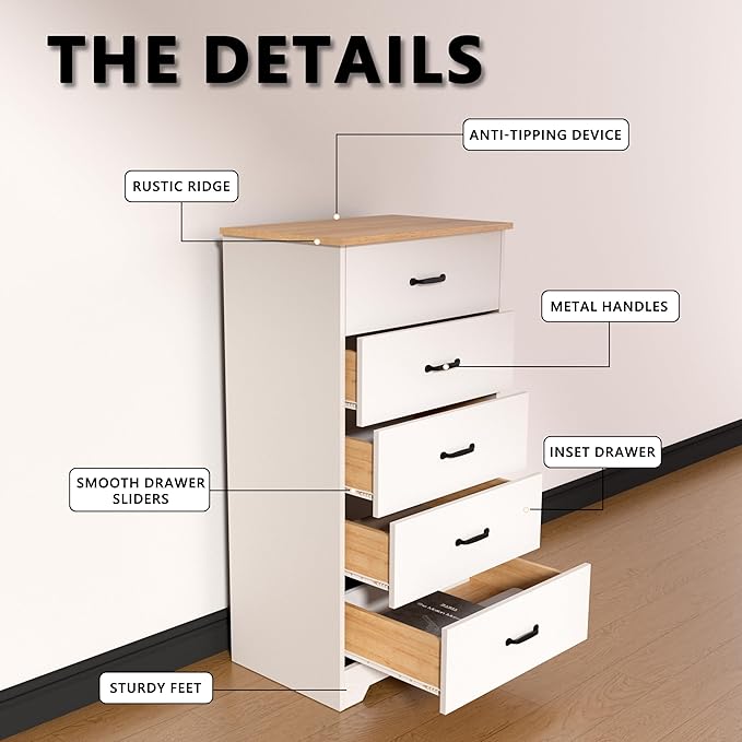 Farmhouse 5 Drawer Dresser, Small Wooden Chest of Drawers Classic White Dresser for Bedroom Living Room Entryway (White, 5 Drawer)