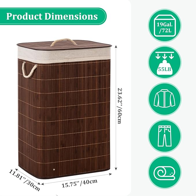 Laundry Hamper with Lid, Bamboo Laundry Basket with Handles & Removable Liner, 19 Gal (72L) Foldable Laundry Hamper for Laundry Room, Bedroom, Bathroom, Living Room (Square Brown)