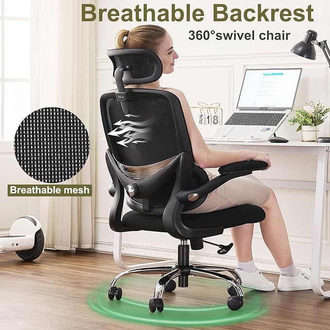 Ergonomic Home Office Chair, High Back Mesh Desk Chair with Adjustable Lumbar Support, Flip-up Armrest, Removable Headrest, Swivel Computer Gaming Chair, Space Saving, 330LBS (Black)