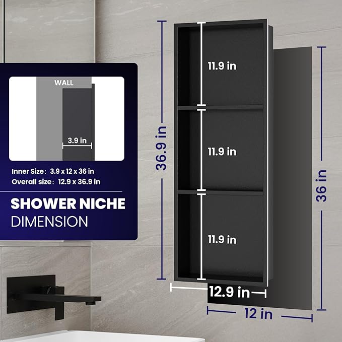 Stainless Steel Shower Niche 12" X 36"，3-Tier Recessed Wall Niche No Tile Needed Shower Shelf for Bathroom Storage (4x12x36 Black)