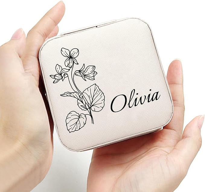 Personalized Jewelry Boxes for Women, Custom Travel Jewelry Case with Name and Birth Flower Month, Portable Jewelry Box Organizer for Mom Birthday Gifts (Customizable)