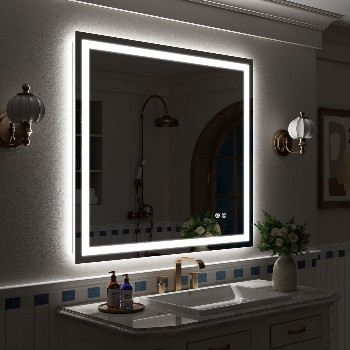VEEYLOS 42x36 Inch LED Bathroom Mirror with Lights, Backlit & Front Lit