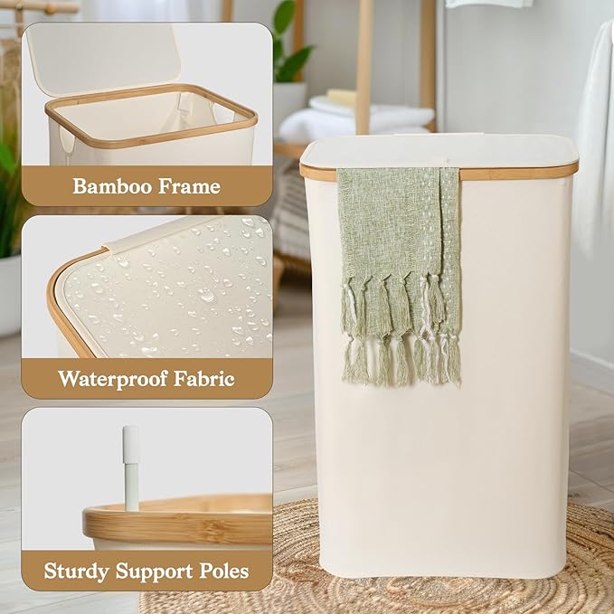 Laundry Basket with Lid, Narrow Laundry Hamper with Removable Bag, Travel Dirty Clothes Basket with Bamboo Handles for Bathroom, Bedroom & Laundry Room, 75L Beige