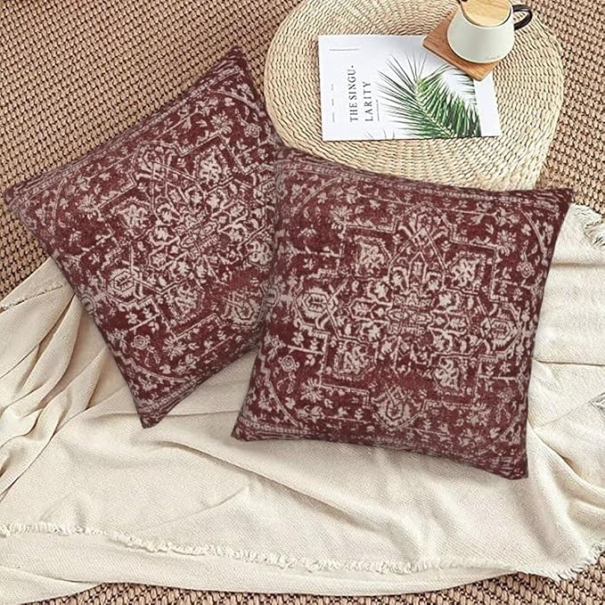 Boho Pillow Covers 20 x 20 Inch Set of 2, Bohemian Burgundy Carpet Pattern Decorative Throw Pillows Ethnic Rustic Farmhouse Cushion Cases Linen Gifts for Couch Sofa Outdoor Decor