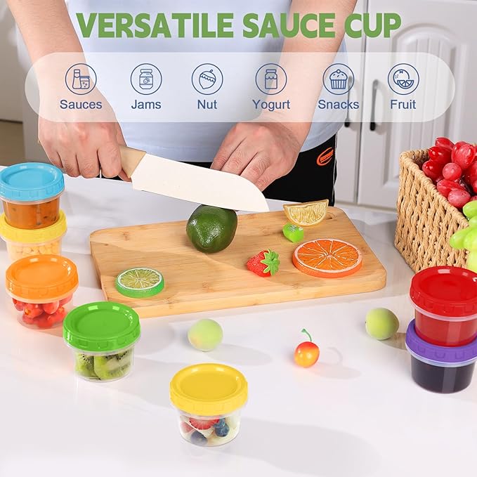 4 oz Small Plastic Containers with Lids, 24 Pack Stackable Small Freezer Container, Reusable 1/2 Cup Food Containers for Snack Puree Fruit, with Pen and Brush, Microwave & Dishwasher Safe
