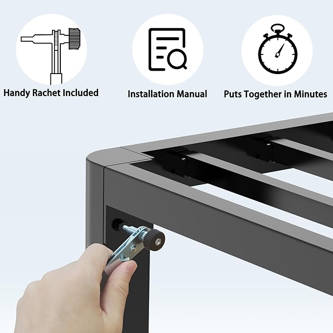 12 Inch California King Bed Frame with Rounded Corner and Headboard Hole Mattress Retainers 3500 LBS Metal Heavy Duty Steel Slats Support No Box Spring Needed Platform Noise Free Easy Assembly