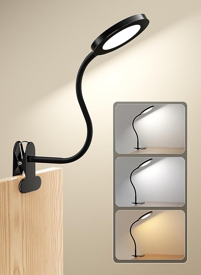 deeloop Clip on Light Infinite Dimmable Reading Lights for Books in Bed Headboard, 450LM Touch Control Clip Reading Lamp, Eye Care 3 Color Temperature Flexible Gooseneck for Bedside Night Light Black