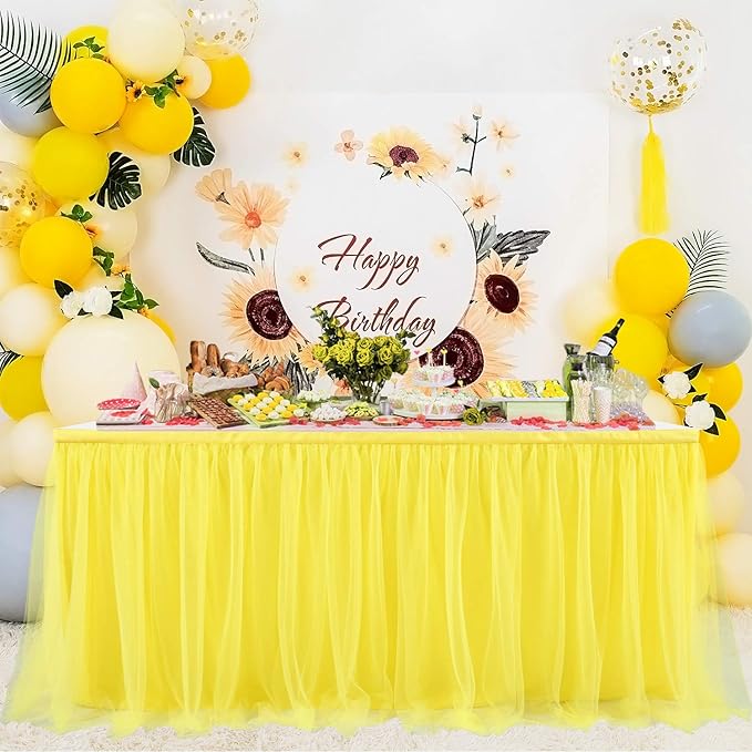 Suppromo Yellow Table Skirts for Rectangle Tables or Round Tables 6ft Ruffle Tulle Tutu Tablecloth for Sunflower Birthday Party Girls Lemonade Baby Shower Wedding Cake Dessert Table Decorations
