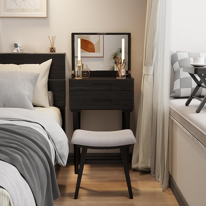 Solid Wood Small Vanity Desk with Mirror and Lights, Narrow Makeup Vanity for Small Space, Flip Top Vanity Side Table, 3 Color Modes & Adjustable Brightness, 19.6" Slim Dressing Table, Black