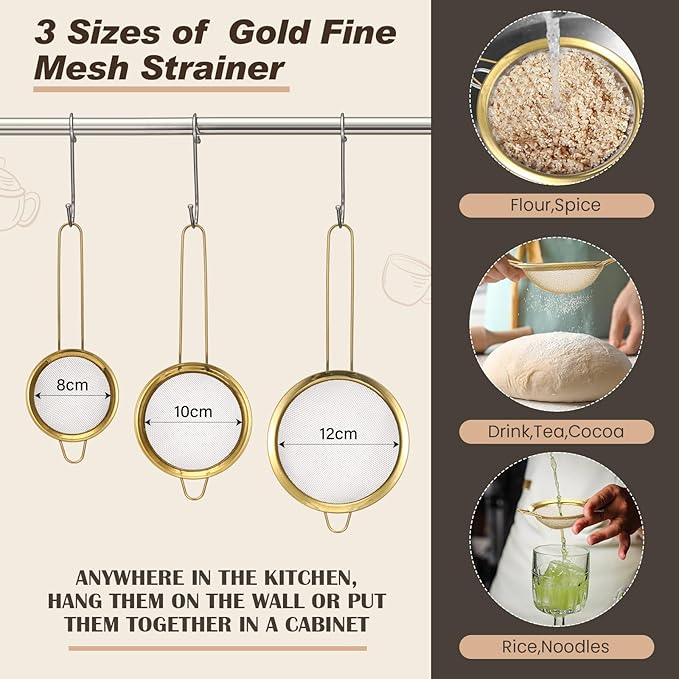 Baderke 7 Pcs Gold Kitchen Accessories Includes Stainless Steel Colander with Handles, 3 Gold Mixing Bowls with Airtight Lids and 3 Fine Mesh Strainer(Colander: 4 Qt, Mixing Bowls: 1/1.5/2 Qt)