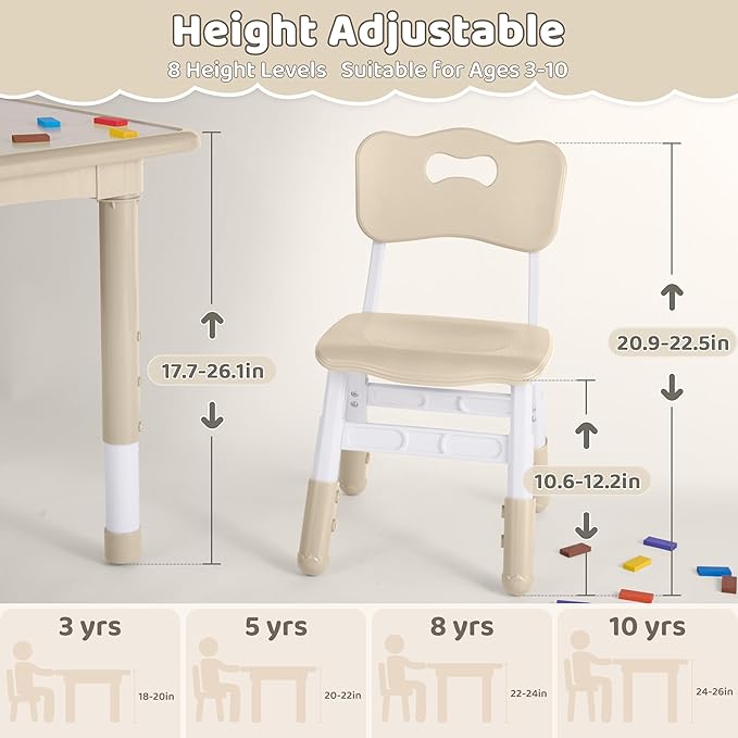 Kids Table and 4 Chairs Set, Height Adjustable (17.7"-26.1") Toddler Table and Chair Set, Multi-Activity Table with Graffiti Desktop, Children’s Table and Chairs for Classroom, Home & Daycare