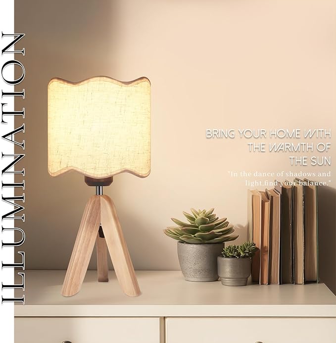 Hamilyeah Tripod Table Lamp with Wood Base, Bedside Lamp with Scalloped Fabric Linen Shade and On/Off Switch, Morden Nightstand Desk Lamp for Bedroom, Living Room, Kids Room, Office Dorm