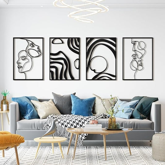 Art3d Metal Wall Art, Set of 4 Black Wall Decor for Living Room Bedroom Hallway Dining Room, Line Art Wall Décor, Life and Romance Story theme Minimalist Wall Art Style