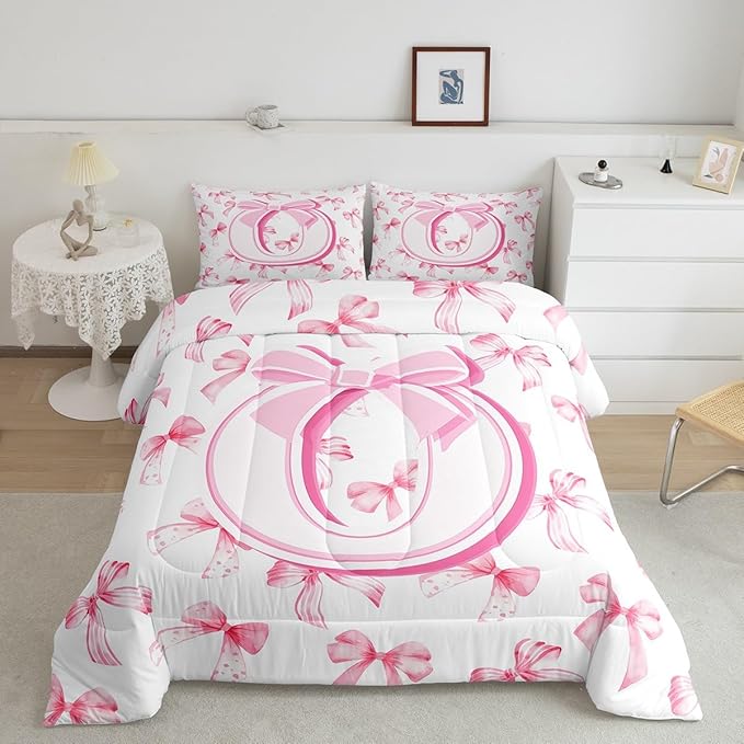 jejeloiu Kids Girls Cute Pink Bow Comforter Set Twin Size Monogrammed Bedding Set Ultra Soft Personalized Initial O Duvet Quilt Coquette Bow Knot Quilt Set Room Decor Modern Fashion Comforter