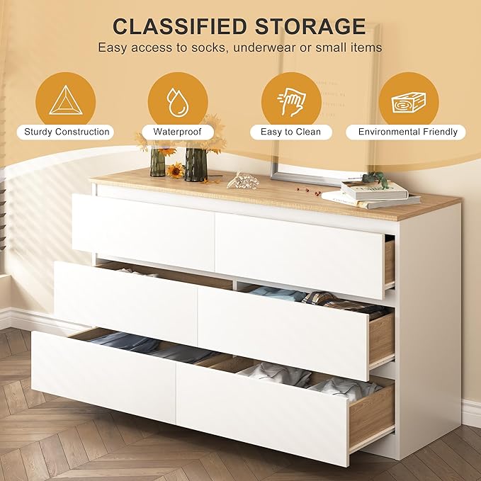 White Dresser for Bedroom, Modern Large 6 Drawer Dresser with Deep Drawer,Chest of Drawers,Wood Bedroom Storage Organizer Furniture,TV Stand for Living Room