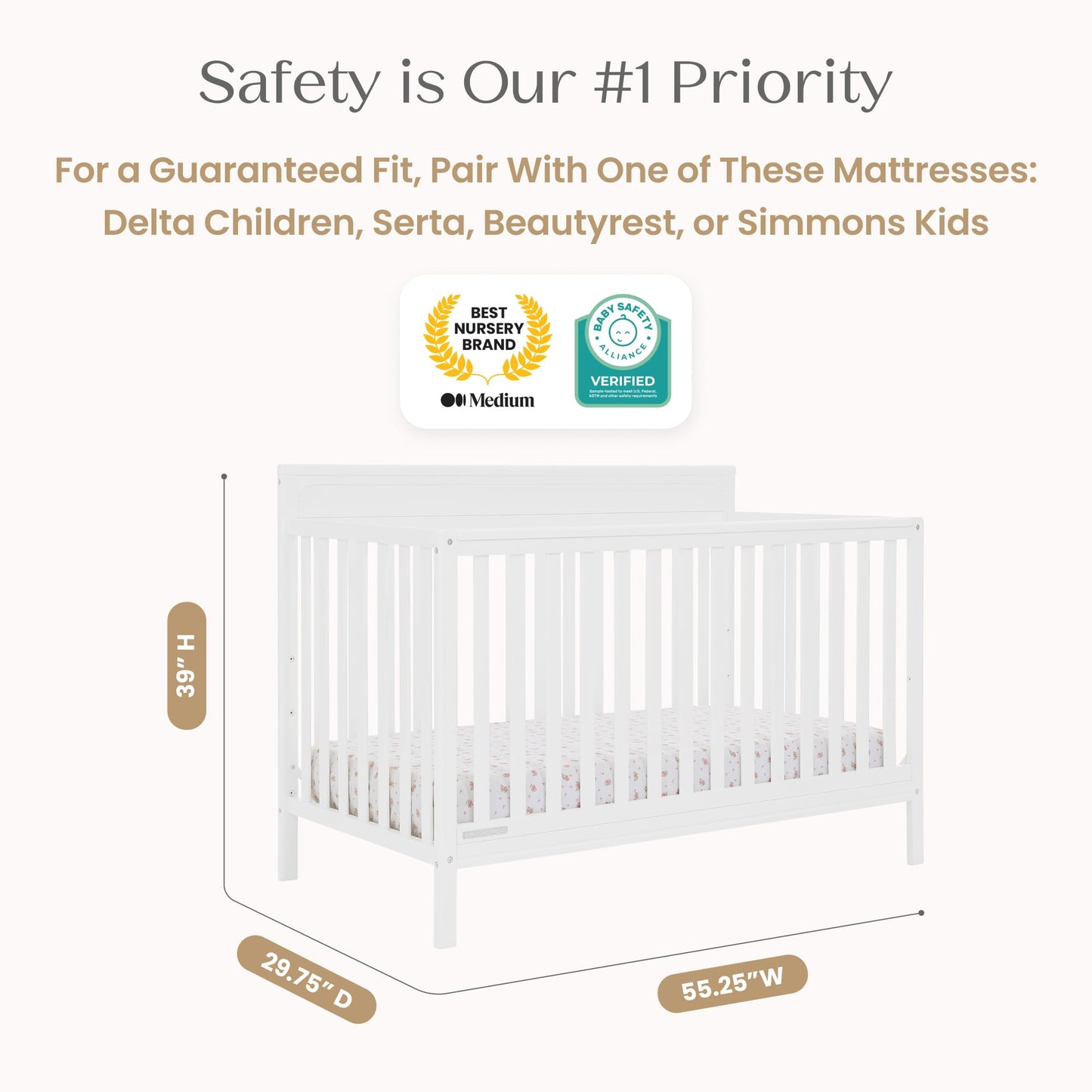 Delta Children Isabelle 6-in-1 Convertible Crib, Converts to Toddler Bed, Daybed, Sofa & Full Bed with/Without Footbaord, Greenguard Gold Certified, Mattress Heights, Bianca White