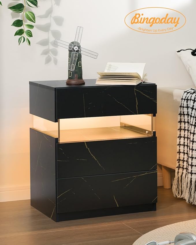 Bingoday LED Nightstands Set of 2 with 3 Drawers LED Bedside Tables Modern Night Stand with Acrylic Board Night Stand Set 2 for Bedroom