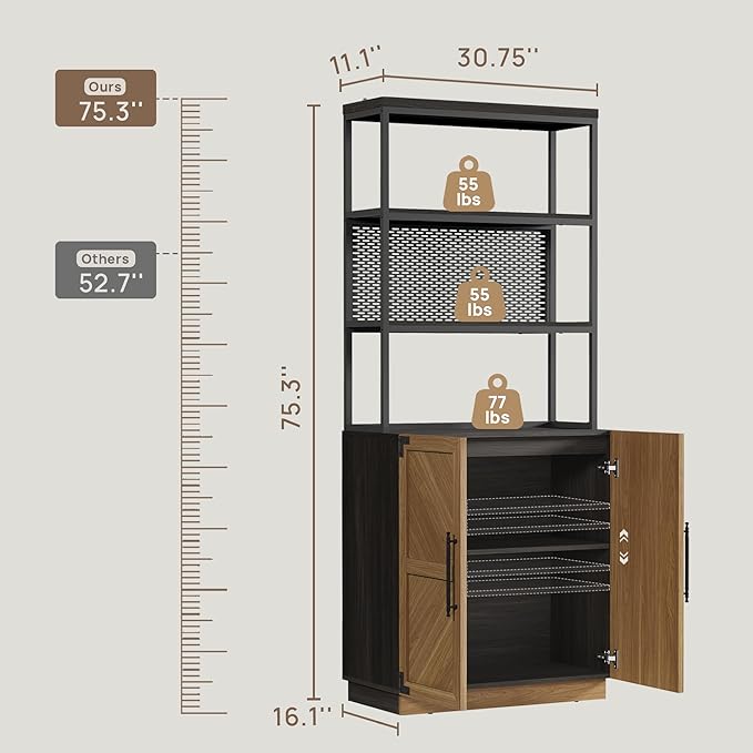 SICOTAS 5 Tier Bookcases Bookshelf with Storage - 75.3” Tall Bookcase with Doors, Large Heavy Duty Freestanding Display Cabinet Farmhouse Book Shelves for Living Room, Home Office, Small Space (3PCS)