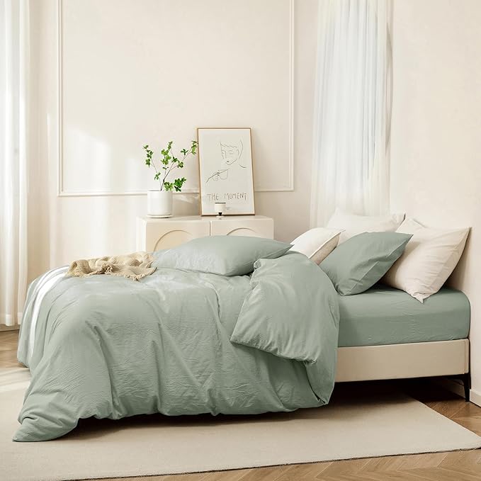 JIYUAN 100% Washed Cotton Duvet Cover Set 2 Pieces Twin, 1 Duvet Cover 68x90 Inches(Comforter Not Included) and 1 Pillowcases,Linen Feel Bedding Set Comfy and Breathable, Heathered Sage Green