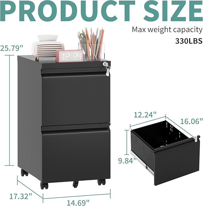 AQY 2 Drawer Mobile File Cabinet with Lock, Rolling Metal Filing Cabinet for Home Office, Vertical File Cabinet on Wheels, Small Mobile File Storage Cabinets for Legal/Letter/A4 Files(Black)