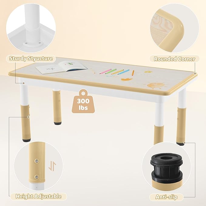 Adjustable Kids Table Chairs Set – Graffiti Desktop, Multi-Activity Height-Adjustable Toddler Study Desk for Ages 3-8 – Ideal for Home, Classroom, Daycare (W-Brown, 4 Chairs-47.2" L x 23.6" W)