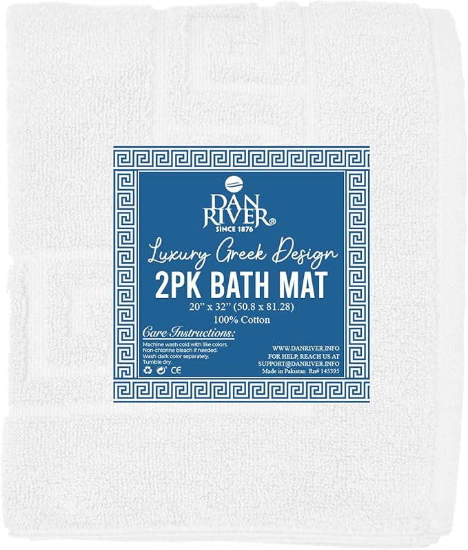 DAN RIVER Greek Bath Mat - White, 100% Ring Spun Cotton, Pack of 2, 20x32 inches, 800 GSM, Non-Slip, Absorbent, Quick Drying, Machine Washable Bathroom Floor Mats for Shower, Kitchen & Bath