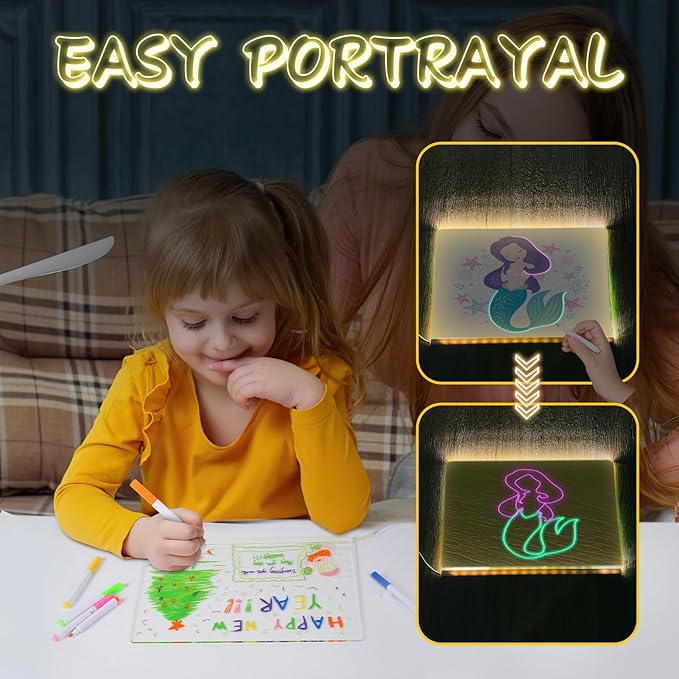 Acrylic Dry Erase Board LED Note Board with Colors, 2025 New Glowing Acrylic Message Marker Board with Light, Dry Erase Board with Stand & 7 Colored pens Illuminated Drawing Board 11.8in * 7.9in
