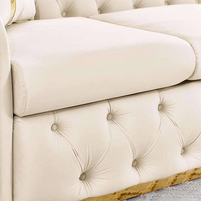 KEIKI 91" Luxury Oversized Velvet Chesterfield Sofa with Gold Stainless Steel Accents and 2 Pillows, Mid-Century Style 3-Seater Button Tufted Couch, Easy Assembly, for Apartment, Living Room, Beige