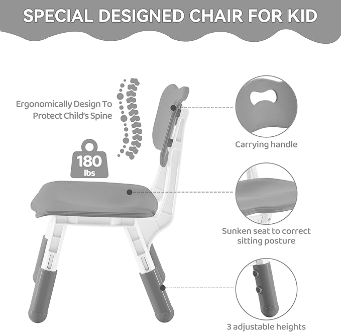 Kids Study Table and Chairs Set, Height Adjustable Toddler Table and Chair Set for Kids Ages 3-8, 31.5" L x 23.6" W Graffiti Desktop Plastic Children Art Table with 4 Seats, Grey