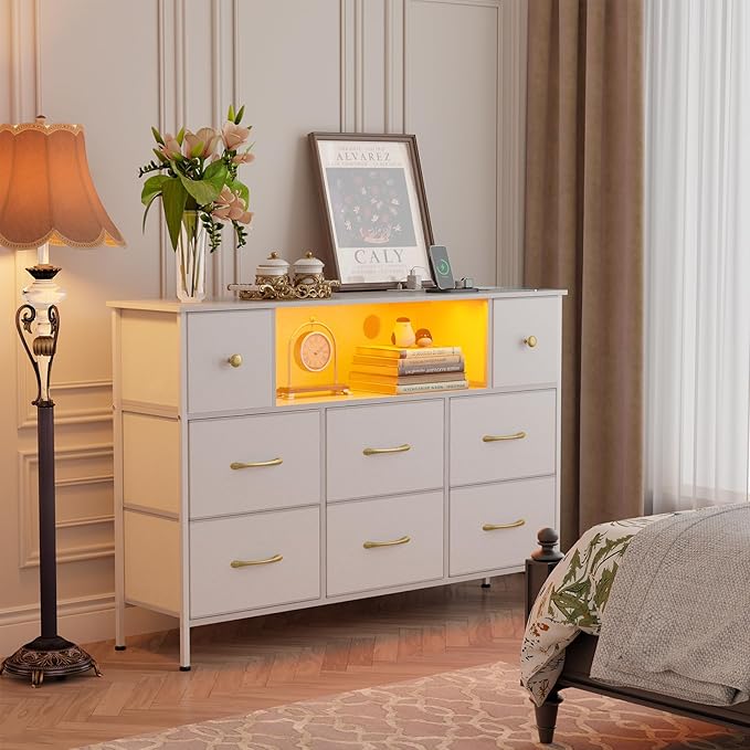 Fixwal Dresser for Bedroom with Power Outlets and LED Lights, White 55" TV Stand with 8 Drawers, Fabric Chest of Drawers with PU Finish for Living Room, Entryway