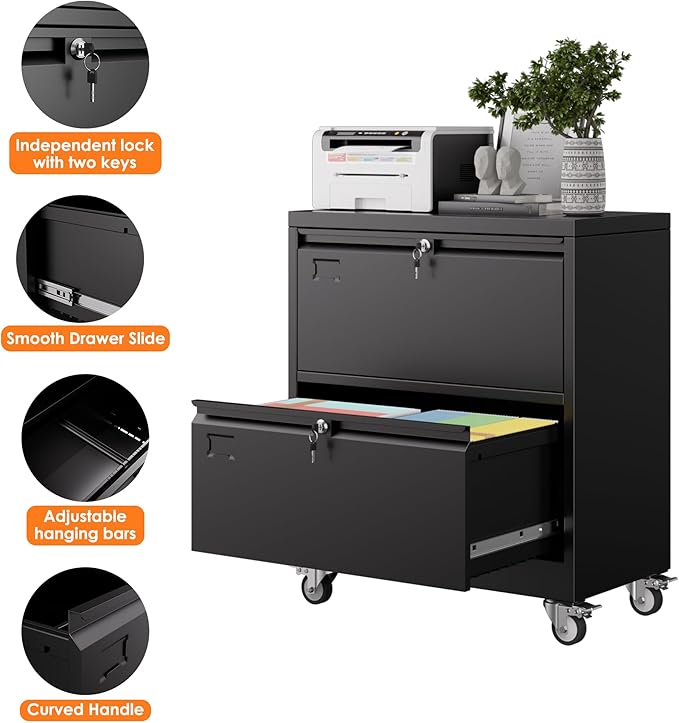 Aobabo Metal 2 Drawer Lateral File Mobile Cabinet with 2 Lock, Flie Cabinet with Wheels and Adjustable File Bars for Office,Home, for Letter/Legal Size, Black, Assembly Required