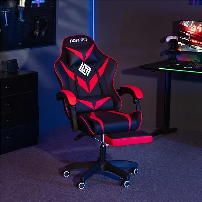 HOFFREE Massage Gaming Chair for Kids Computer Gamer Chair with Footrest and Lumbar Support Reclining PC Game Chair with Headrest for Gaming Room Red and Black