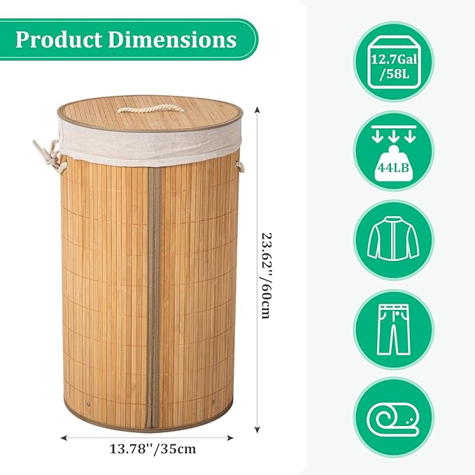 Laundry Hamper with Lid, Bamboo Laundry Basket with Handles & Removable Liner, 12.7 Gal (58L) Foldable Laundry Hamper for Laundry Room, Bedroom, Bathroom, Living Room (Round Brown)