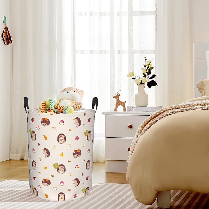 Laundry Hamper, Fall Hedgehogs Mushroom and Leaves Laundry Basket,Waterproof Foldable Storage Bin for Bedroom,Clothes Organizer Basket,Toys Box 16x20 Inch